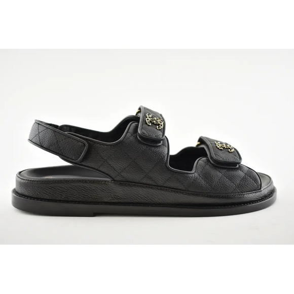 Chanel REV Black Caviar Gold CC Logo Mule Slide Strap Flat Teva Dad Sandal 39 - Picture 2 of 12